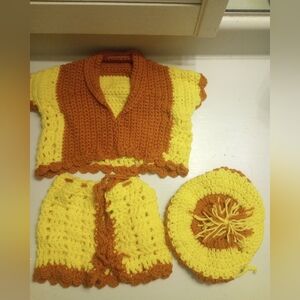 Handmade Crochet Skirt, Top And Beret Outfit